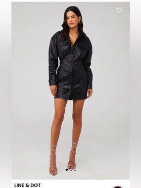 Line And Dot Black Faux Leather Mini Shirt Dress Women's, Size-Medium